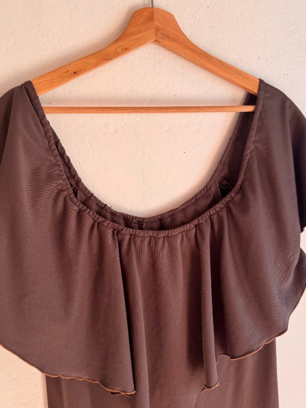 Vintage Chocolate Brown Ruffle Midi Dress Romantic Flutter Sleeve Disco Glam